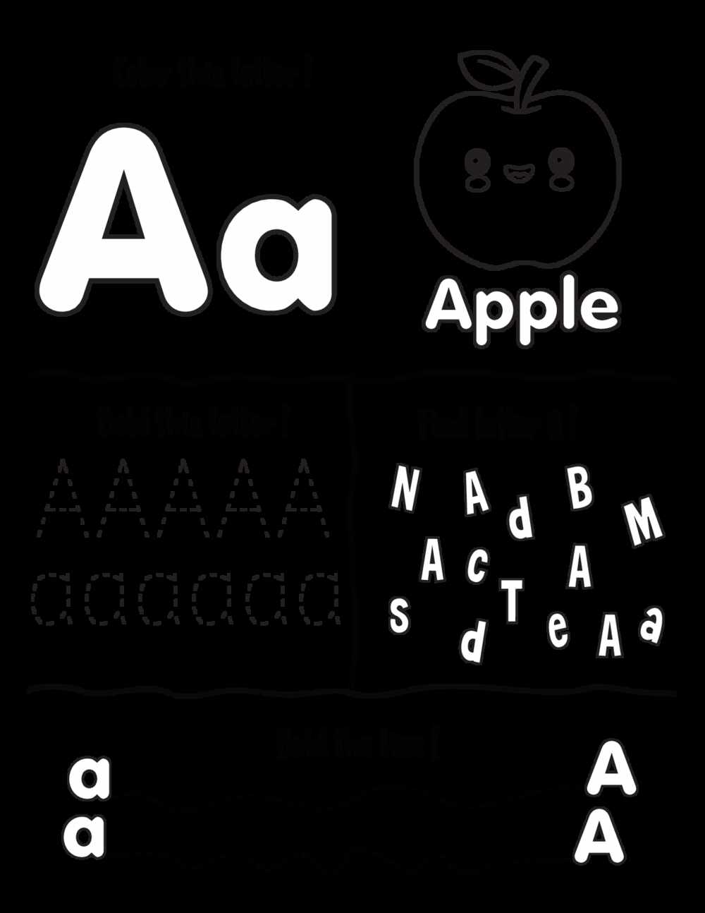 Learning alphabet with tracing finding and coloring letters for kids